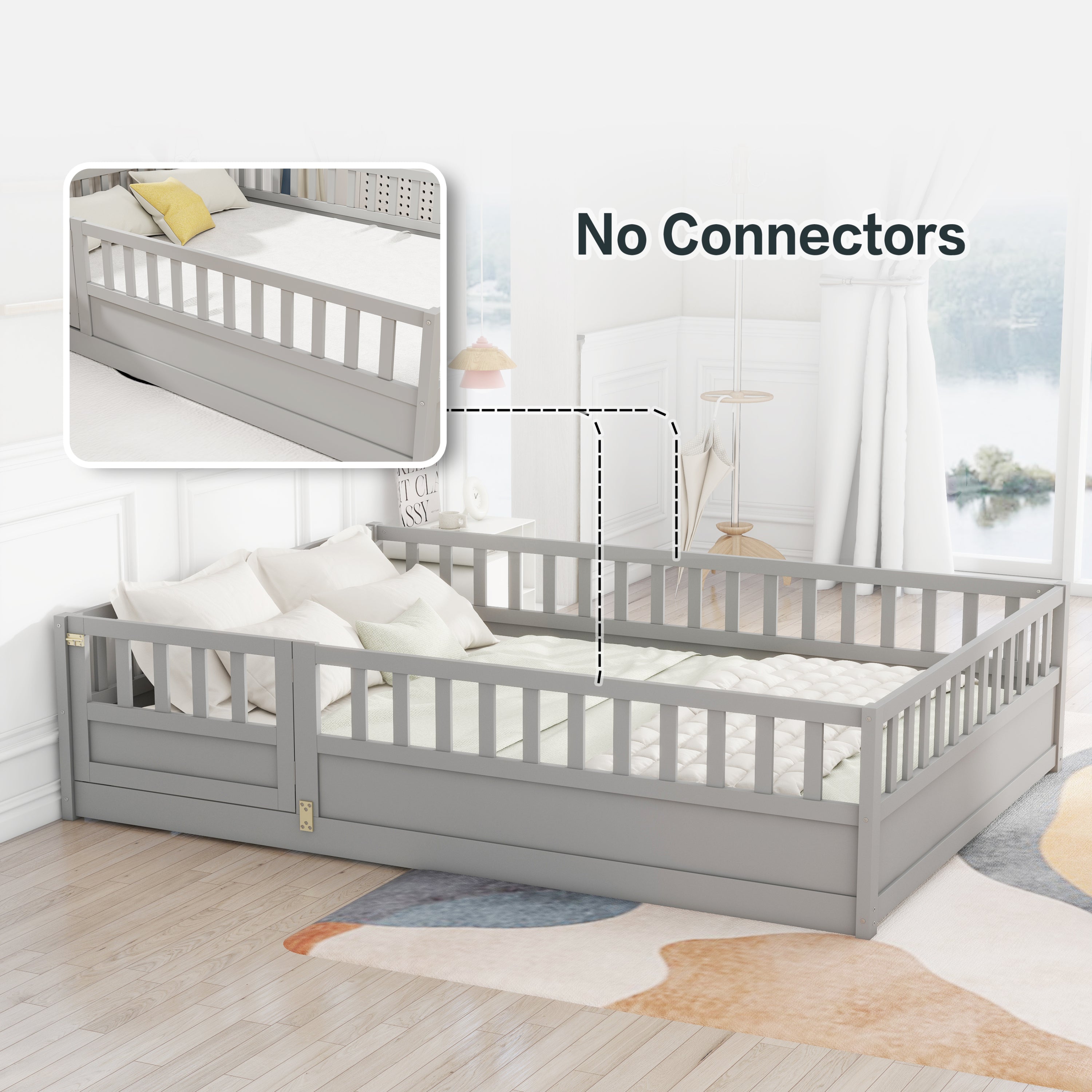 Full size  Floor bed, integral construction with super high security barrier, door, children's floor bed frame, Montessori wooden children's floor bed, Support slat Grey Full size  Floor bed, integral construction with super high security barrier, door, children's floor bed frame, Montessori wooden children's floor bed, Support slat Grey