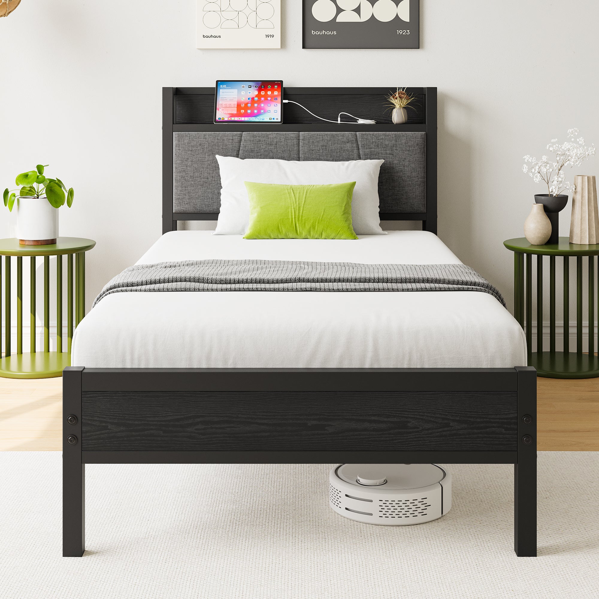Twin Bed Frame with Storage Headboard & Charging Station Twin Bed Frame with Storage Headboard & Charging Station