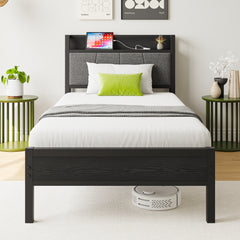 Twin Bed Frame with Storage Headboard & Charging Station