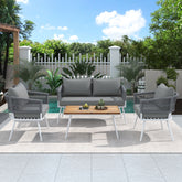 K&K 4-Piece Outdoor Furniture Set - Boho Rope Patio Conversation Set with Acacia Wood Table, Gray