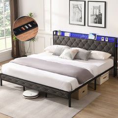 King Bed Frame with Storage, LED Lights & USB Charging