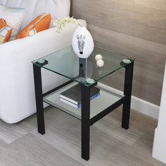 Glass two layer Coffee table, small round table, bedroom corner table, living room black side table