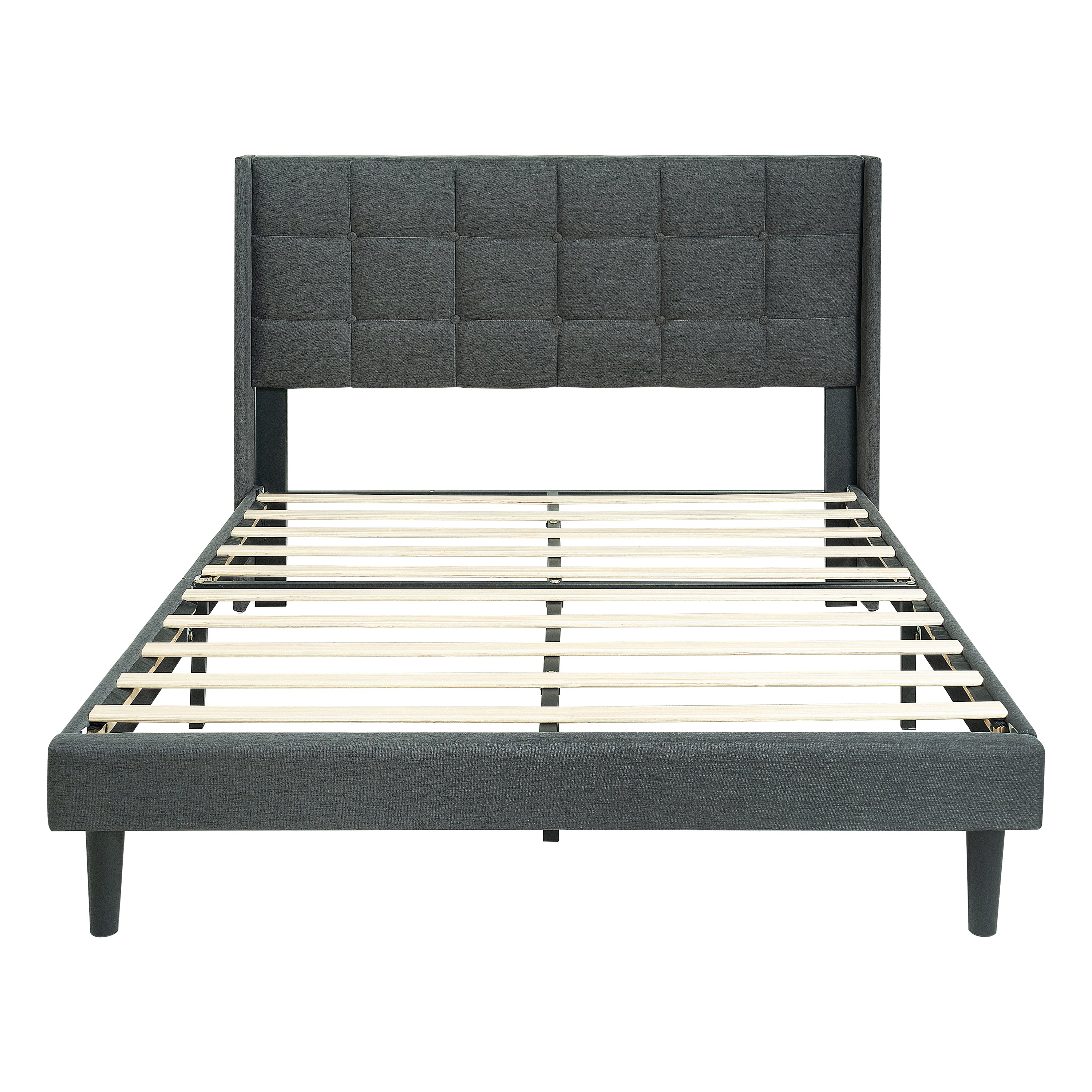 Queen Size Upholstered Platform Bed Frame with Modern Button Tufted Linen Fabric Headboard, No Box Spring Needed, Wood Slat Support, Easy Assembly, Drak Grey Queen Size Upholstered Platform Bed Frame with Modern Button Tufted Linen Fabric Headboard, No Box Spring Needed, Wood Slat Support, Easy Assembly, Drak Grey