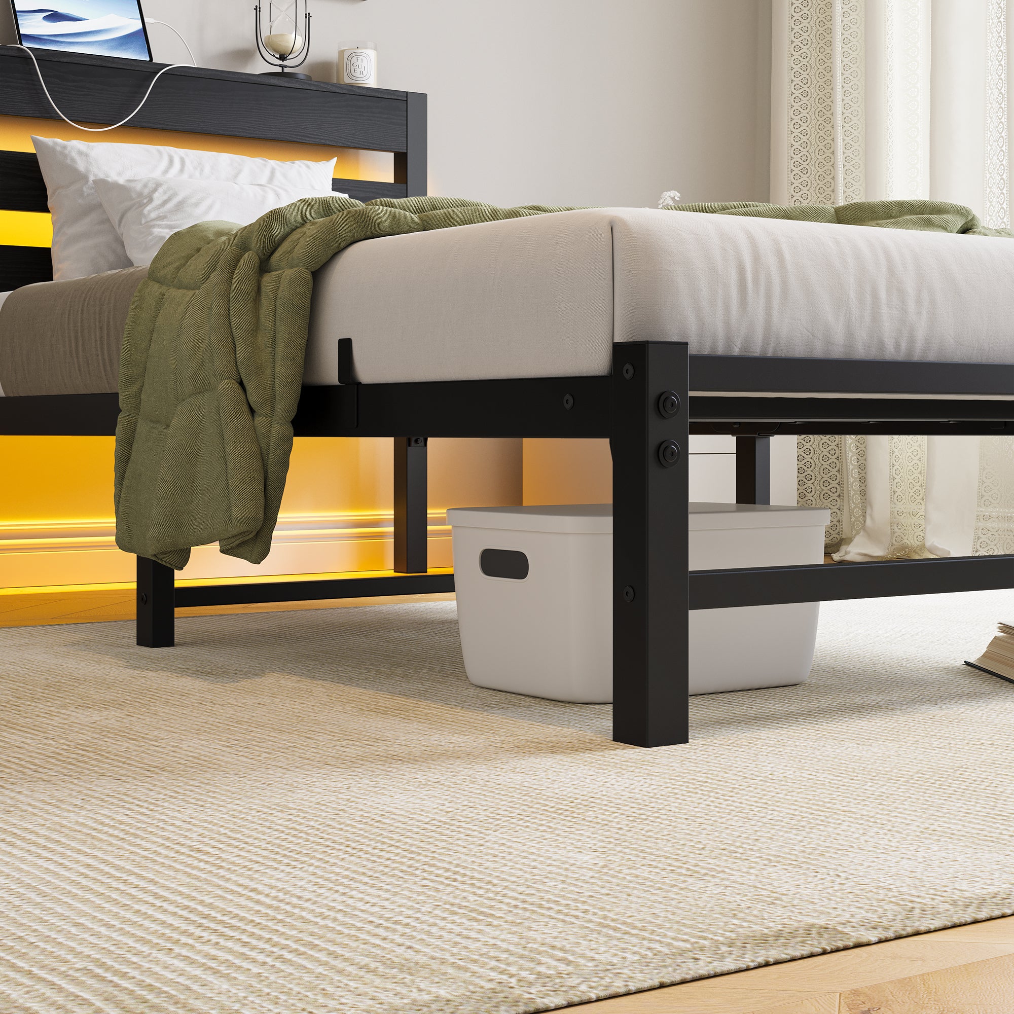 Twin Platform Bed Frame with USB, LED & Headboard, Black Twin Platform Bed Frame with USB, LED & Headboard, Black