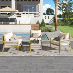 K&K 4-Piece Patio Conversation Set with Tempered Glass Table in Beige & Mustard Yellow