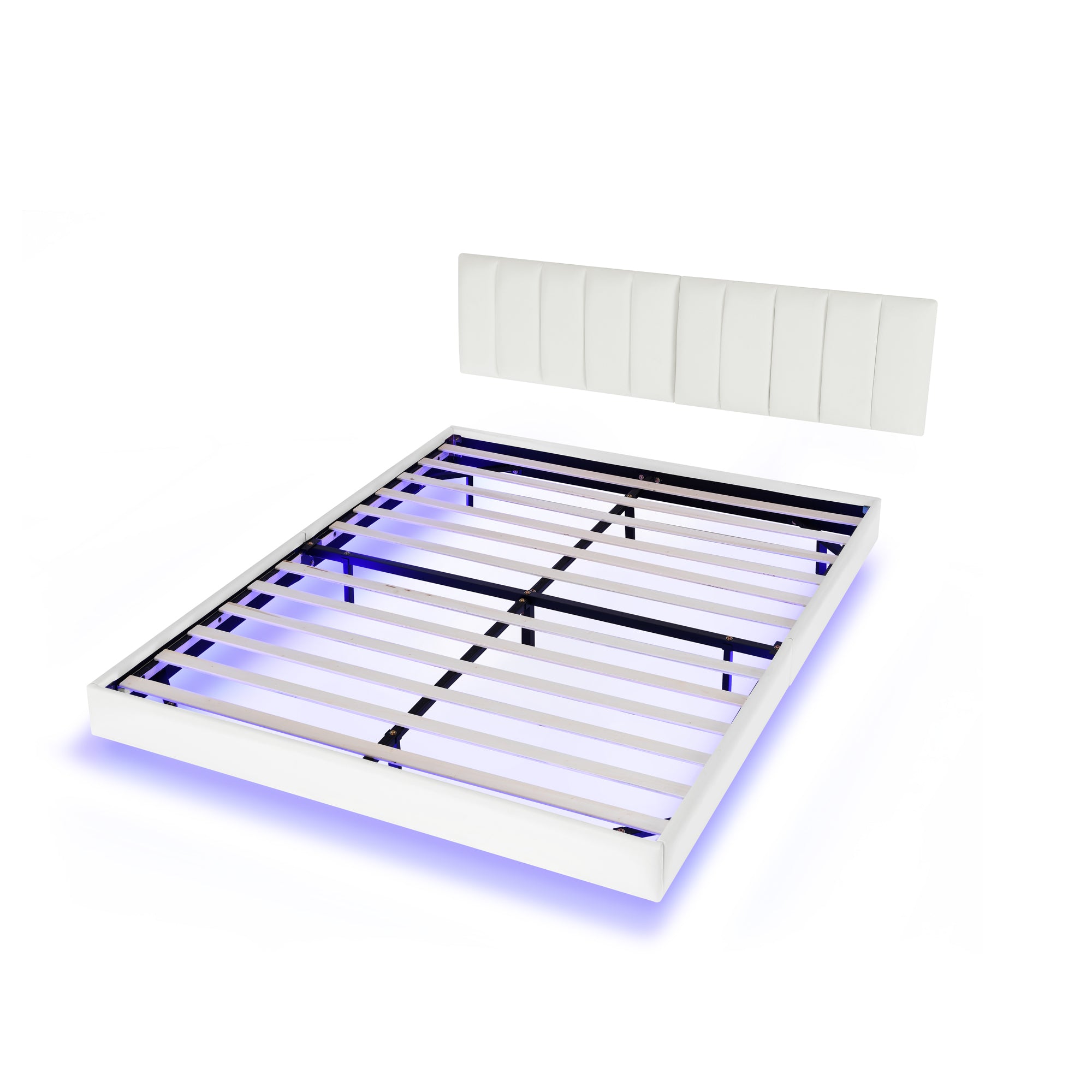 Queen Floating Bed Frame with LED Lights and Wall Mounted Headboard Modern Low Profile Led Platform Bed Frame Queen Size Faux Leather Upholstered Platform Bed Frame,No Box Spring Needed,White Queen Floating Bed Frame with LED Lights and Wall Mounted Headboard Modern Low Profile Led Platform Bed Frame Queen Size Faux Leather Upholstered Platform Bed Frame,No Box Spring Needed,White