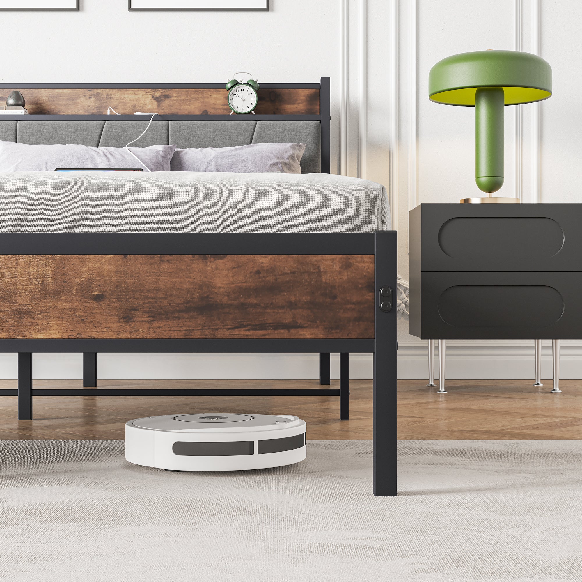 Queen Bed Frame with Storage Headboard & Charging Station, Brown/Gray Queen Bed Frame with Storage Headboard & Charging Station, Brown/Gray