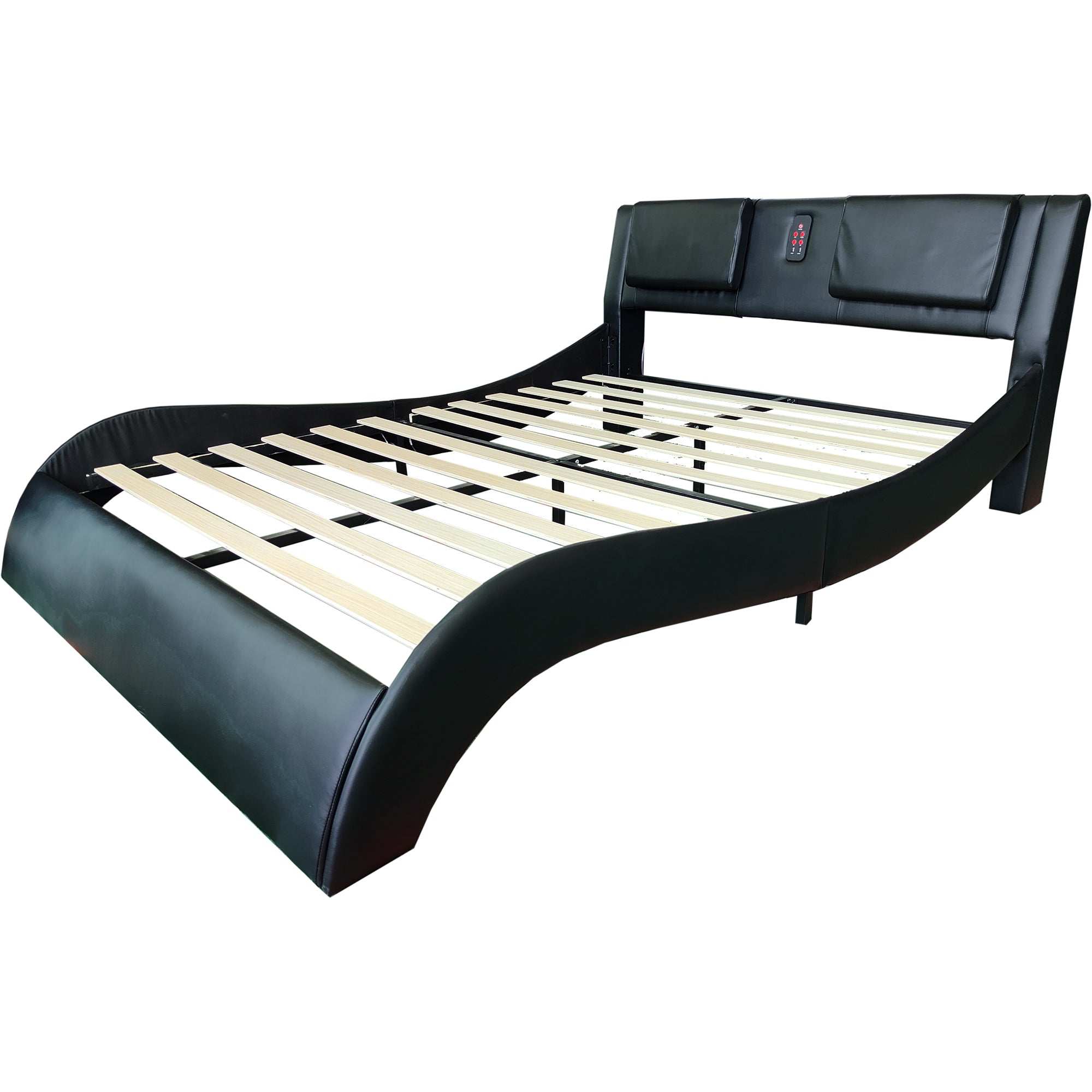 Faux Leather Upholstered Platform Bed Frame with led lighting, Bluetooth connection to play music control, Backrest vibration massage, Curve Design, Wood Slat Support, One-Carton Package, Queen Faux Leather Upholstered Platform Bed Frame with led lighting, Bluetooth connection to play music control, Backrest vibration massage, Curve Design, Wood Slat Support, One-Carton Package, Queen