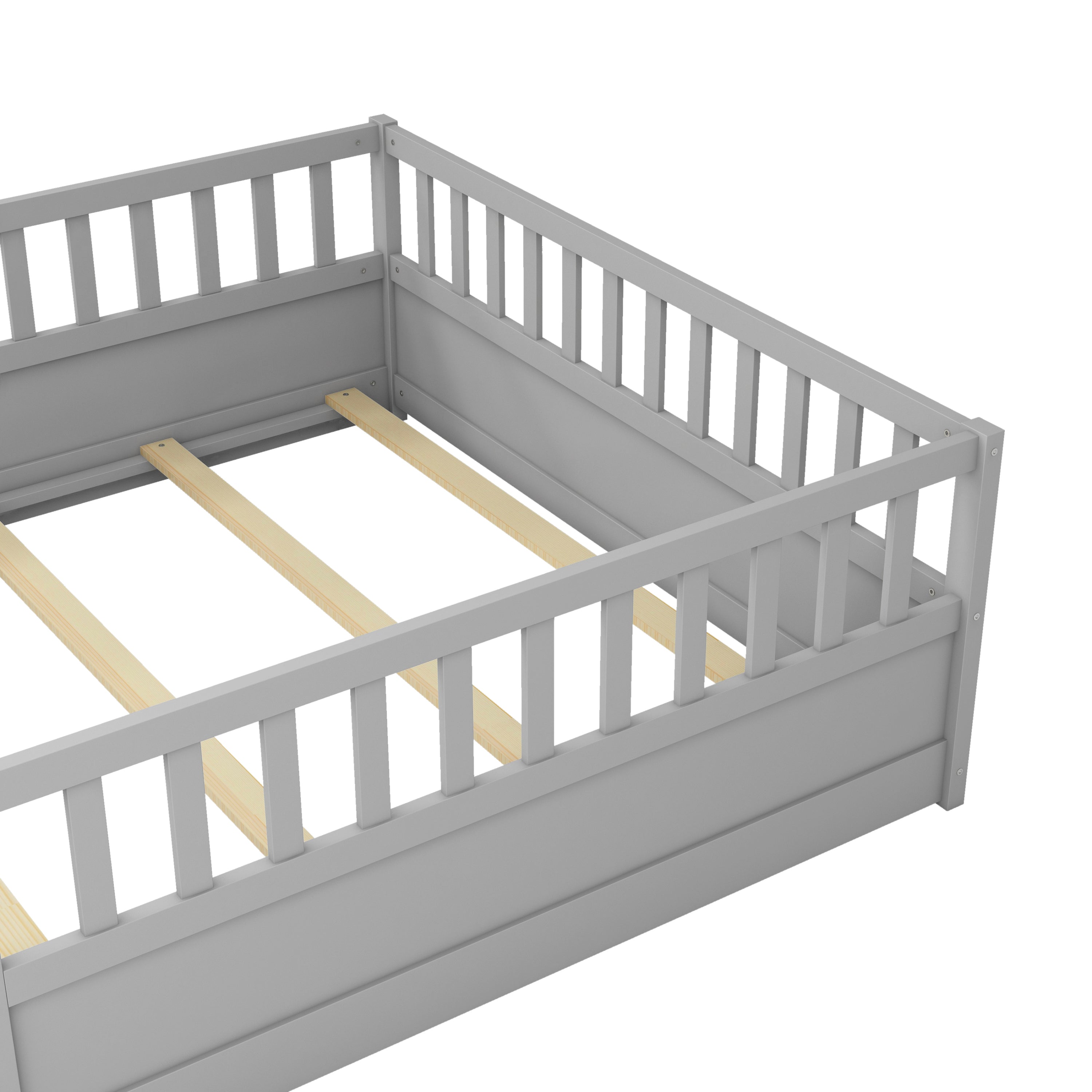 Full size  Floor bed, integral construction with super high security barrier, door, children's floor bed frame, Montessori wooden children's floor bed, Support slat Grey Full size  Floor bed, integral construction with super high security barrier, door, children's floor bed frame, Montessori wooden children's floor bed, Support slat Grey