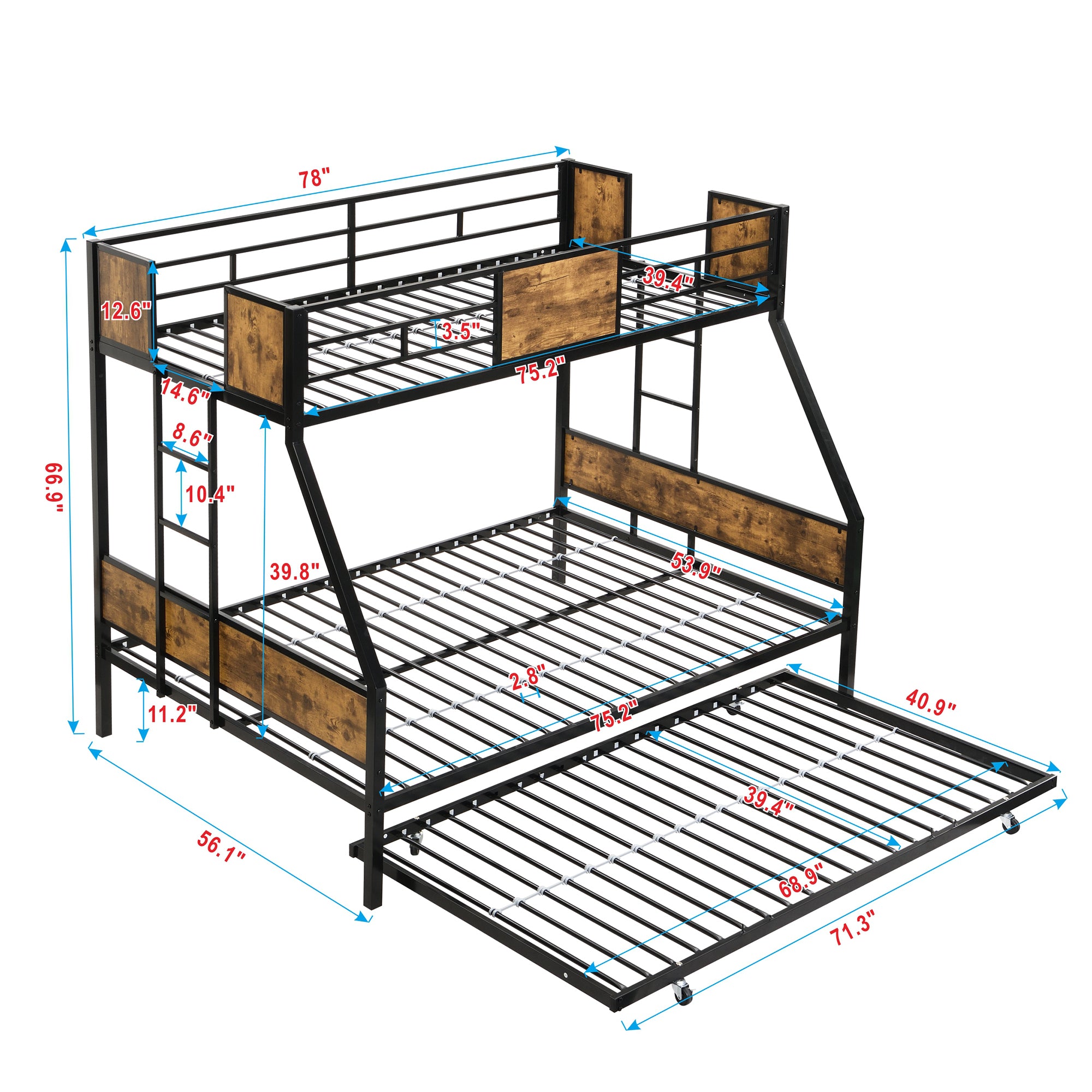 Twin Over FULL  Metal Bunk Bed  with Trundle  2 - Side Ladder and Full-Length Guardrail, No Box Spring Needed, Large Under Bed Storage, Easy Assemble , Black &  Brown Twin Over FULL  Metal Bunk Bed  with Trundle  2 - Side Ladder and Full-Length Guardrail, No Box Spring Needed, Large Under Bed Storage, Easy Assemble , Black &  Brown