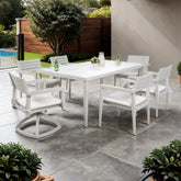 7PC Outdoor Patio Dining Set with 4 Chairs, 2 Swivel Rockers and Two-tone Rectangle Table, Matte White and Grayish