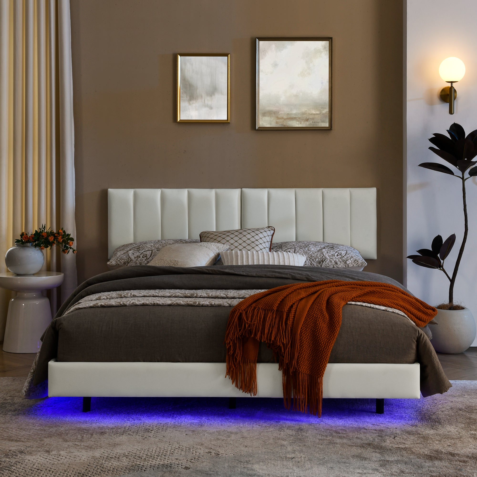 Queen Floating Bed Frame with LED Lights and Wall Mounted Headboard Modern Low Profile Led Platform Bed Frame Queen Size Faux Leather Upholstered Platform Bed Frame,No Box Spring Needed,White Queen Floating Bed Frame with LED Lights and Wall Mounted Headboard Modern Low Profile Led Platform Bed Frame Queen Size Faux Leather Upholstered Platform Bed Frame,No Box Spring Needed,White