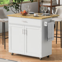 K&K Rolling Kitchen Island with Storage, Rubber Wood Top, White