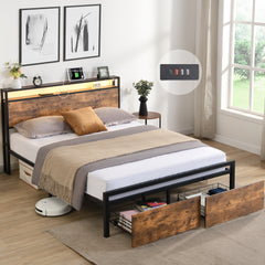 Full Bed Frame with Storage, LED Lights & Charging Station