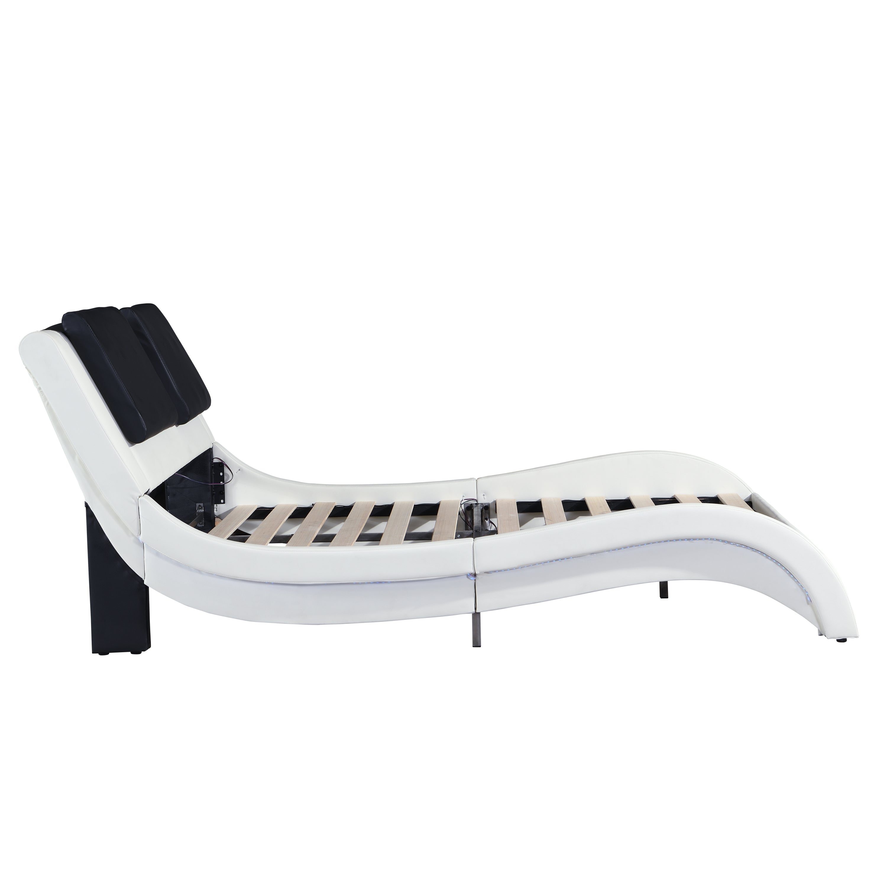 Faux Leather Upholstered Platform Bed Frame with led lighting ,Bluetooth connection to play music control,Backrest vibration massage,Curve Design, Wood Slat Support, No Box Spring Needed,Queen Faux Leather Upholstered Platform Bed Frame with led lighting ,Bluetooth connection to play music control,Backrest vibration massage,Curve Design, Wood Slat Support, No Box Spring Needed,Queen