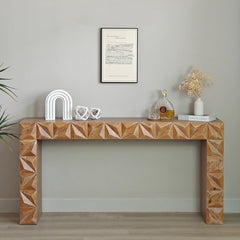 Modern Geometric Wooden Console Table – Dark Brown Finish with Handcrafted 3D Design