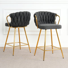 Modern Design High Stool with Gold Plated Legs & Dark Gray Linen for Cafe, Bar, Restaurant (Set of 2)