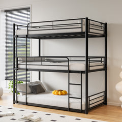 Triple Twin Bunk Bed Frame, Metal with Guardrail, Black