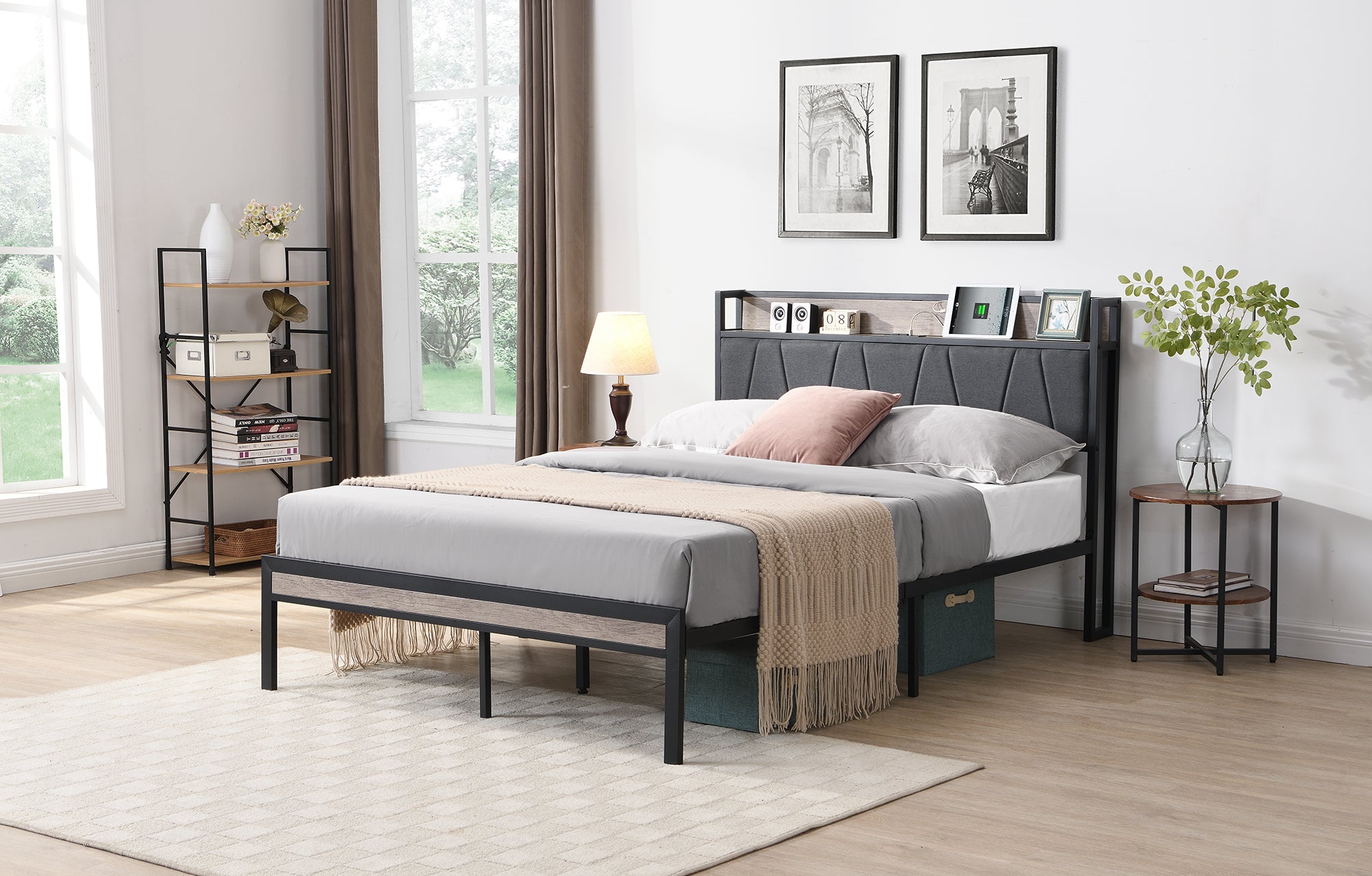 Queen  Size  Metal Platform Bed Frame with upholstery storage function Headboard   and USB LINER  and Footboard  , No Box Spring Needed, Large Under Bed Storage, Easy Assemble Queen  Size  Metal Platform Bed Frame with upholstery storage function Headboard   and USB LINER  and Footboard  , No Box Spring Needed, Large Under Bed Storage, Easy Assemble