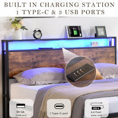 Full Bed Frame with Storage, LED Lights & Charging Station