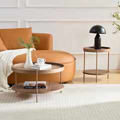 2-Tier Nesting Coffee Table Set, Modern Round Side Tables for Living Room, Walnut