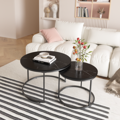 Nesting Coffee Table Set of 2, 27.6inch Round Coffee Table Wood Marble Pattern Top with Sturdy Metal Frame, End Table Side Tables for Living Room Bedroom Balcony Yard (Black)