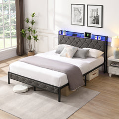 Full Bed Frame with Storage, Charging Station & LED Lights, Gray