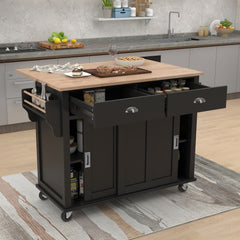 Kitchen Cart with Drop-Leaf Countertop & Sliding Barn Door, Black