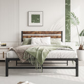 Full Platform Bed Frame, Rustic Wood Headboard, Brown