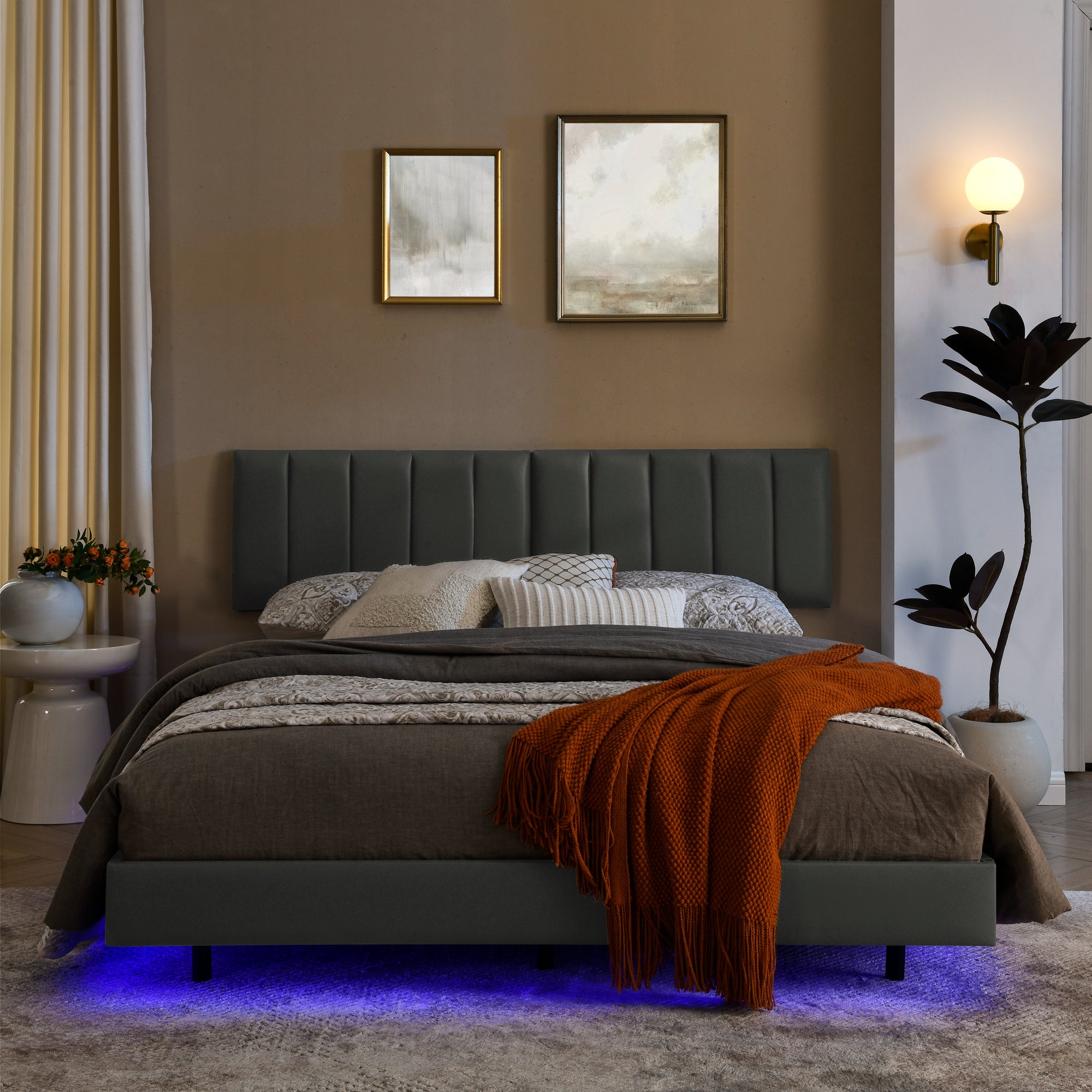 Queen Floating Bed Frame with LED Lights and Wall Mounted Headboard Modern Low Profile Led Platform Bed Frame Queen Size Faux Leather Upholstered Platform Bed Frame,No Box Spring Needed,Grey Queen Floating Bed Frame with LED Lights and Wall Mounted Headboard Modern Low Profile Led Platform Bed Frame Queen Size Faux Leather Upholstered Platform Bed Frame,No Box Spring Needed,Grey