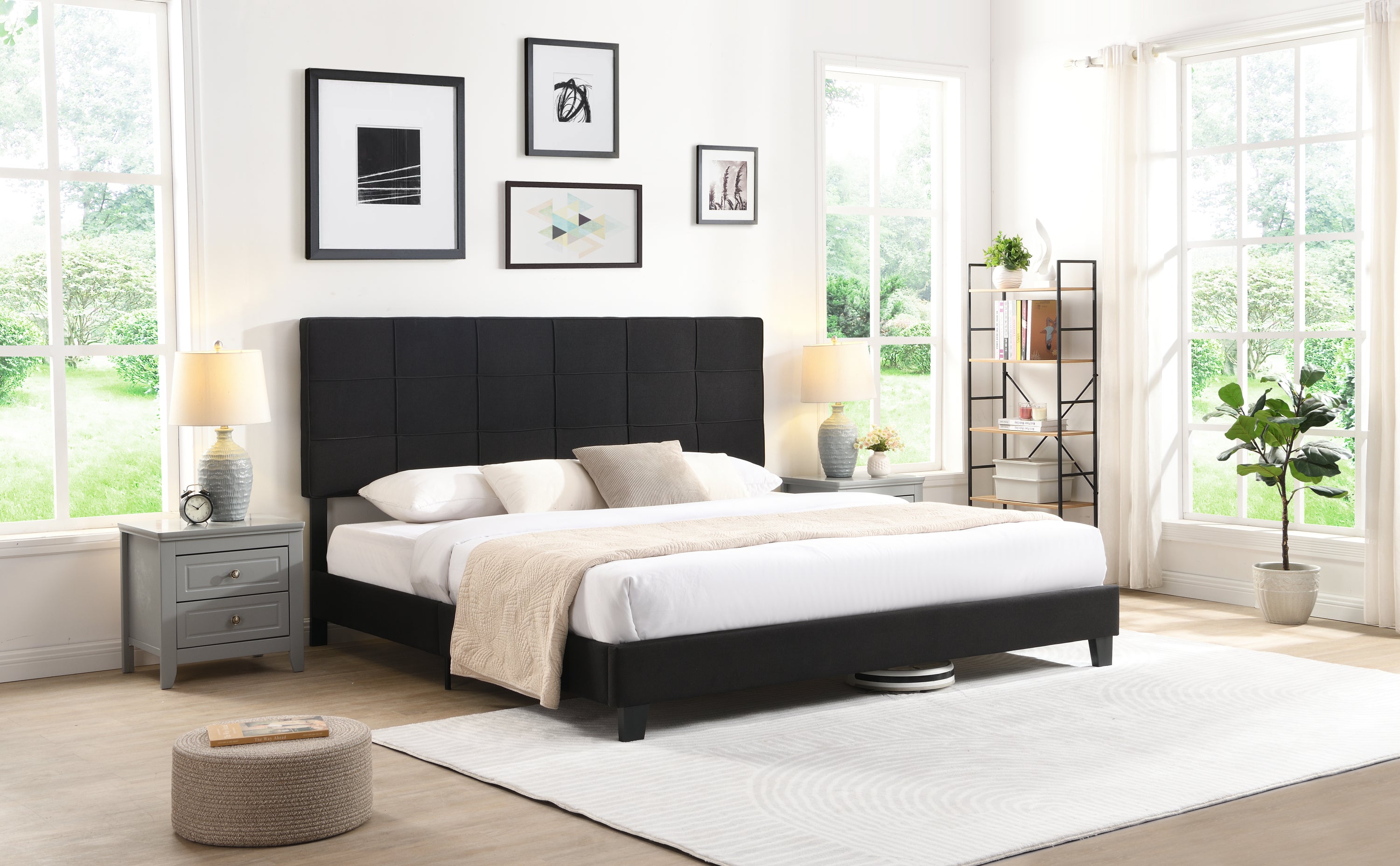 King Size Upholstered Platform Bed Frame with  Linen Fabric Headboard, No Box Spring Needed, Wood Slat Support, Easy Assembly, BLACK King Size Upholstered Platform Bed Frame with  Linen Fabric Headboard, No Box Spring Needed, Wood Slat Support, Easy Assembly, BLACK