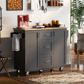 K&K Rolling Kitchen Island with Storage, 3 Drawers & Spice Rack, Black