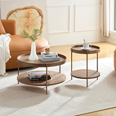 2-Tier Nesting Coffee Table Set, Modern Round Side Tables for Living Room, Walnut