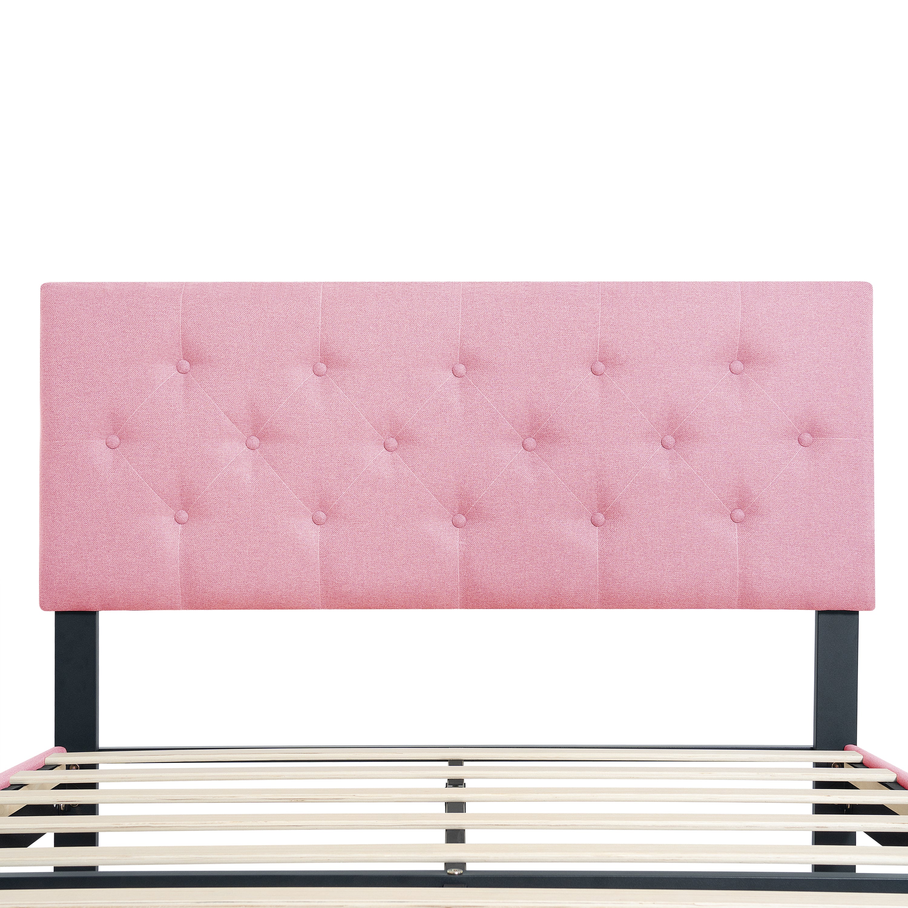 Queen Size Upholstered Platform Bed Frame with Modern Button Tufted Linen Fabric Headboard, No Box Spring Needed, Wood Slat Support, Easy Assembly, pink Queen Size Upholstered Platform Bed Frame with Modern Button Tufted Linen Fabric Headboard, No Box Spring Needed, Wood Slat Support, Easy Assembly, pink