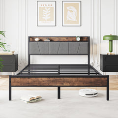 Queen Bed Frame with Storage Headboard & Charging Station, Brown/Gray
