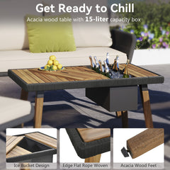 K&K 6-Piece Patio Conversation Set with Acacia Wood Cool Bar and Chairs with Deep Cushions, Black & Beige