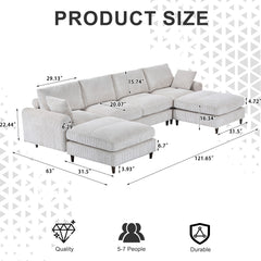 6-Seat Corduroy Modular Sofa, U/L Shape with Footstool – White