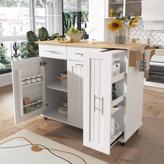 K&K Kitchen Island with Drop Leaf, 3-Tier Pull-Out Organizer, White