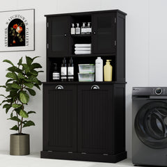Two-Compartment Tilt-Out Dirty Laundry Basket Tall Bathroom Cabinet with 2 Adjustable Shelves-Black