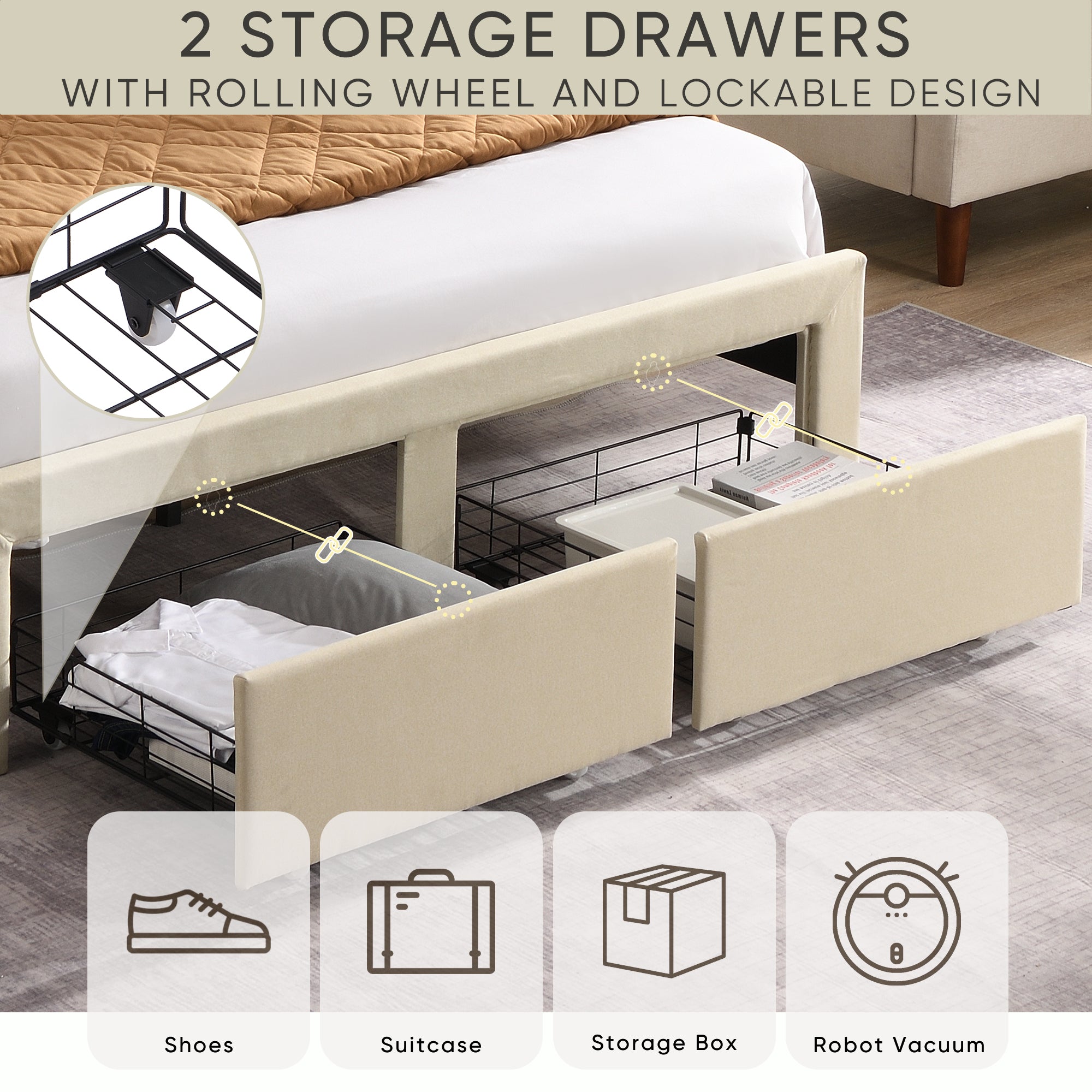 Full Upholstered Bed Frame with Storage Drawers & USB, Beige Full Upholstered Bed Frame with Storage Drawers & USB, Beige