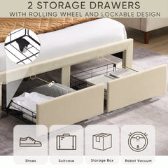 Full Upholstered Bed Frame with Storage Drawers & USB, Beige