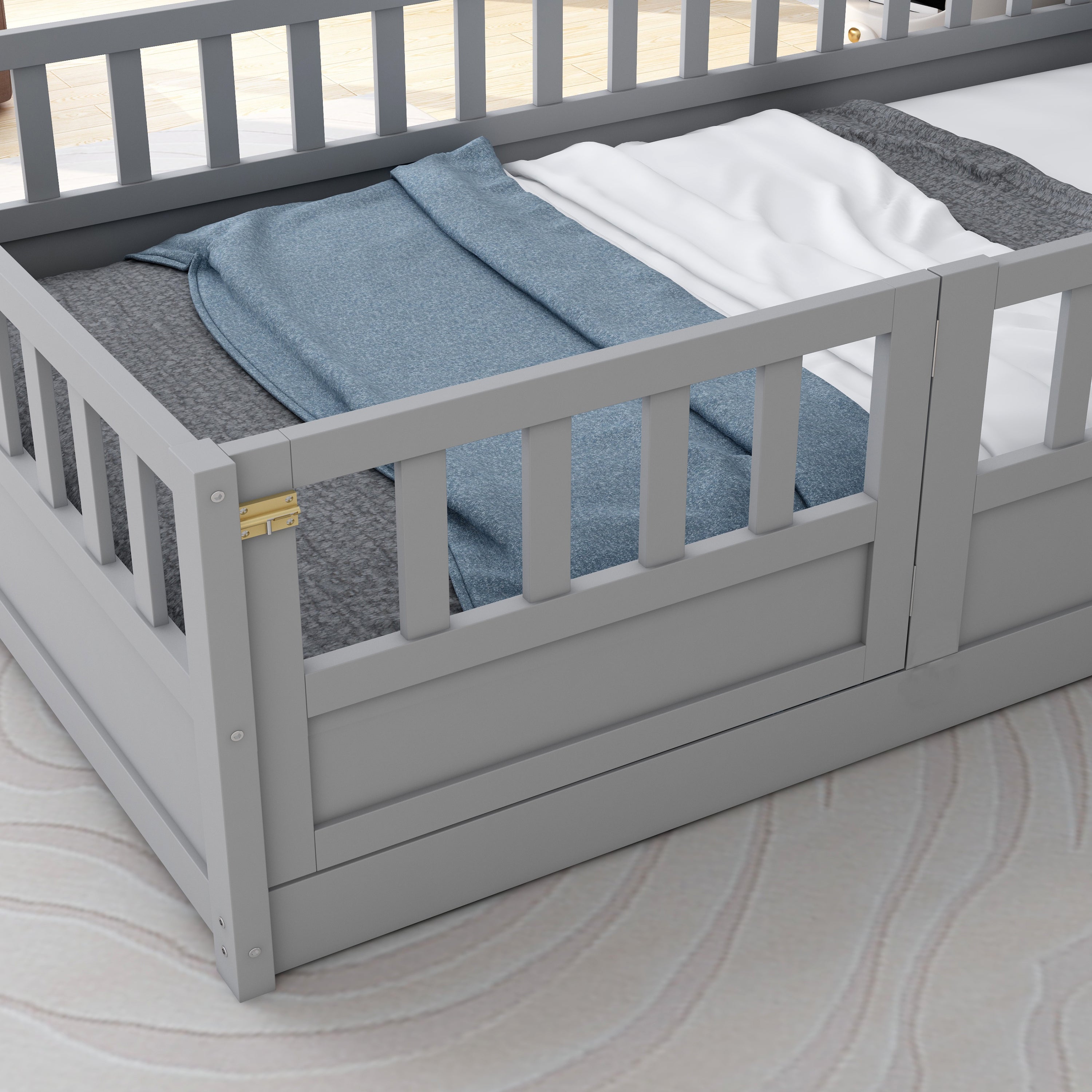 Twin Size Floor bed, integral construction with super high security barrier, door, children's floor bed frame, Montessori wooden children's floor bed,  Grey Twin Size Floor bed, integral construction with super high security barrier, door, children's floor bed frame, Montessori wooden children's floor bed,  Grey