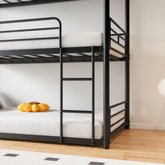 Triple Twin Bunk Bed Frame, Metal with Guardrail, Black