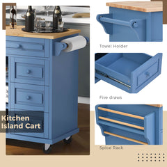 Kitchen cart with Rubber wood desktop rolling mobile kitchen island with storage and 5 draws 53 Inch length, Blue