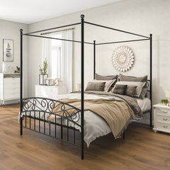 Queen Metal Canopy Bed Frame with Headboard & Footboard - Black