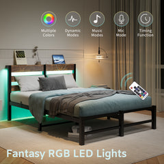 Full Metal Bed Frame with Wood Headboard, RGB Lights & USB