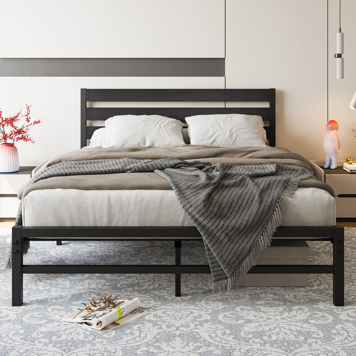 Queen Platform Bed Frame with Wooden Headboard, Black