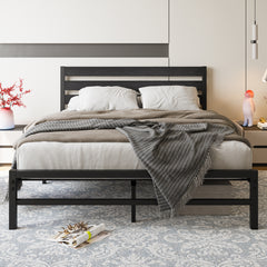 Queen Platform Bed Frame with Wooden Headboard, Black