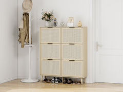 Rattan 6 Door Shoe Rack, Freestanding Modern Shoe Storage Cabinet, for Entryway