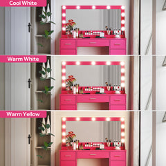 47.2"Vanity Desk with Large Mirror, 3 Colour Lighting Modes, Adjustable Brightness, Dresser with 3 Drawers & 2 Vertical Cabinets, Makeup Vanity Table for Women & Girls (Rose Pink)